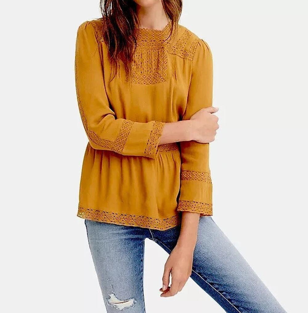 J.Crew Point Sur Rust Cognac Crochet Lace Peasant Blouse Boho Cottagecore Size 0